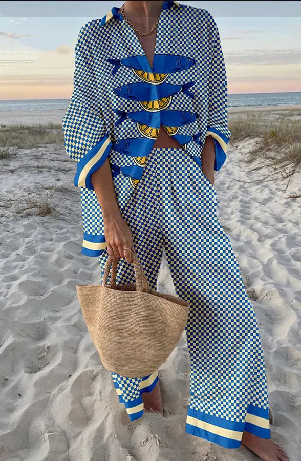 Conjunto Mujer Camisa y Pantalón Ancho Estampado Casual