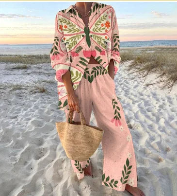 Conjunto Mujer Camisa y Pantalón Ancho Estampado Casual