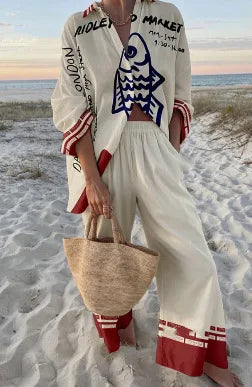 Conjunto Mujer Camisa y Pantalón Ancho Estampado Casual