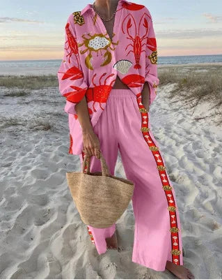 Conjunto Mujer Camisa y Pantalón Ancho Estampado Casual