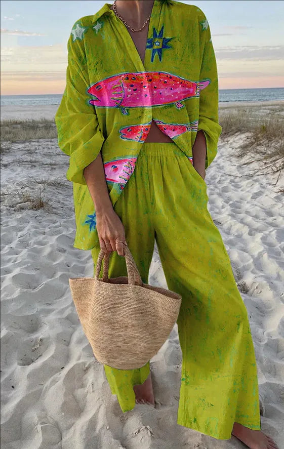 Conjunto Mujer Camisa y Pantalón Ancho Estampado Casual