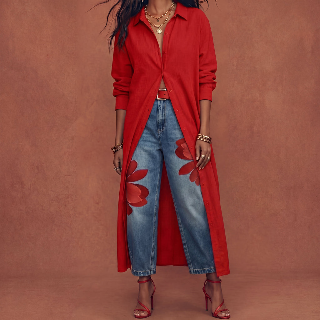Conjunto Vestido Camisero Rojo y Jeans Anchos Florales