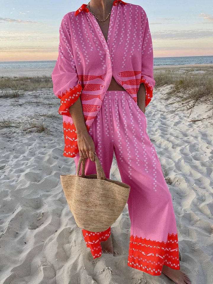 Conjunto Mujer Camisa y Pantalón Ancho Estampado Casual