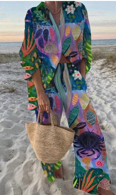 Conjunto Mujer Camisa y Pantalón Ancho Estampado Casual