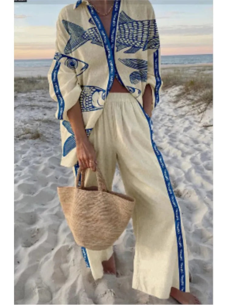 Conjunto Mujer Camisa y Pantalón Ancho Estampado Casual
