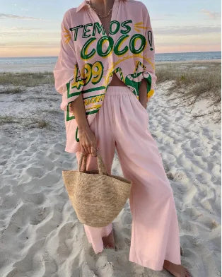 Conjunto Mujer Camisa y Pantalón Ancho Estampado Casual