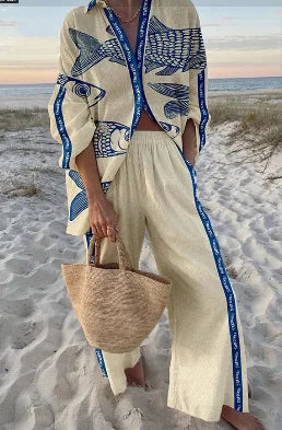 Conjunto Mujer Camisa y Pantalón Ancho Estampado Casual
