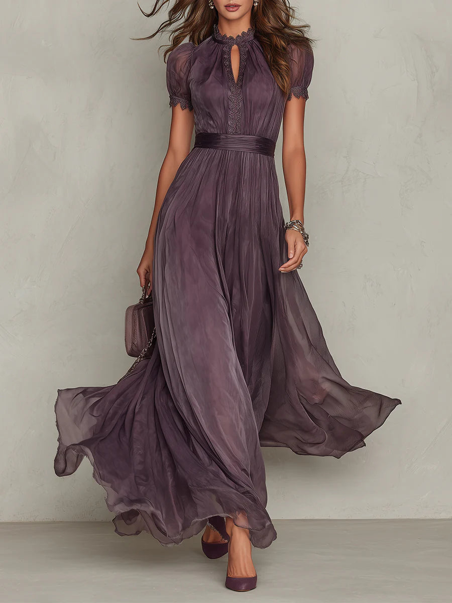 Vestido Largo De Chiffon Con Encaje Y Escote Lágrima