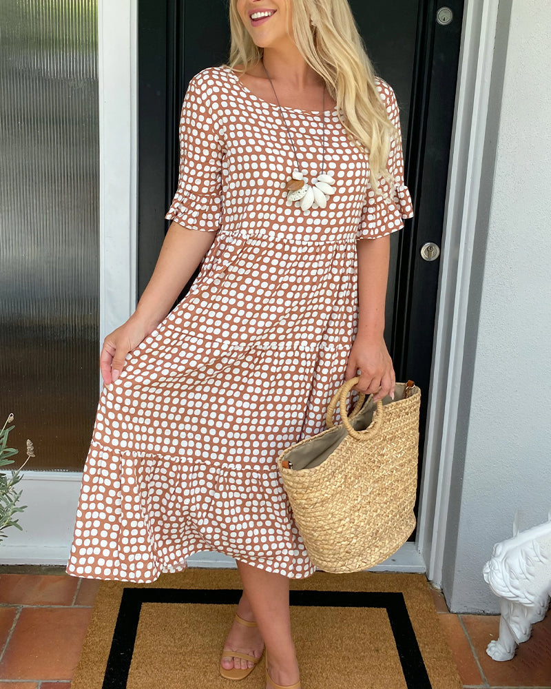 Vestido Midi de Lunares con Cuello Redondo Fluido