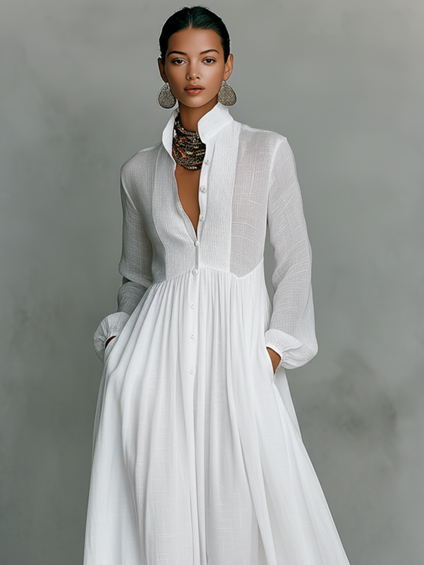 Vestido Maxi De Algodón Y Lino Con Cuello Alzado