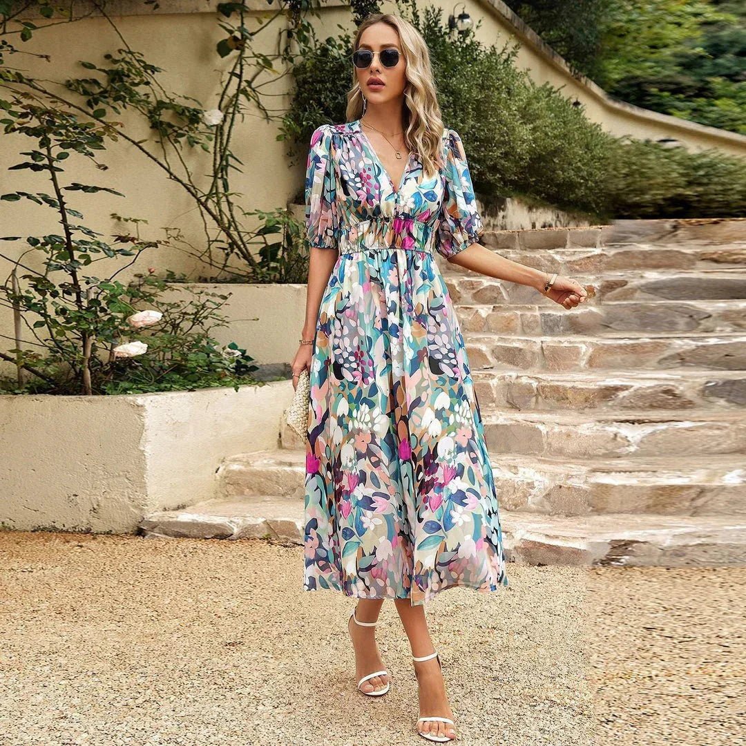 Vestido Colorido Con Cuello En V Para Mujer