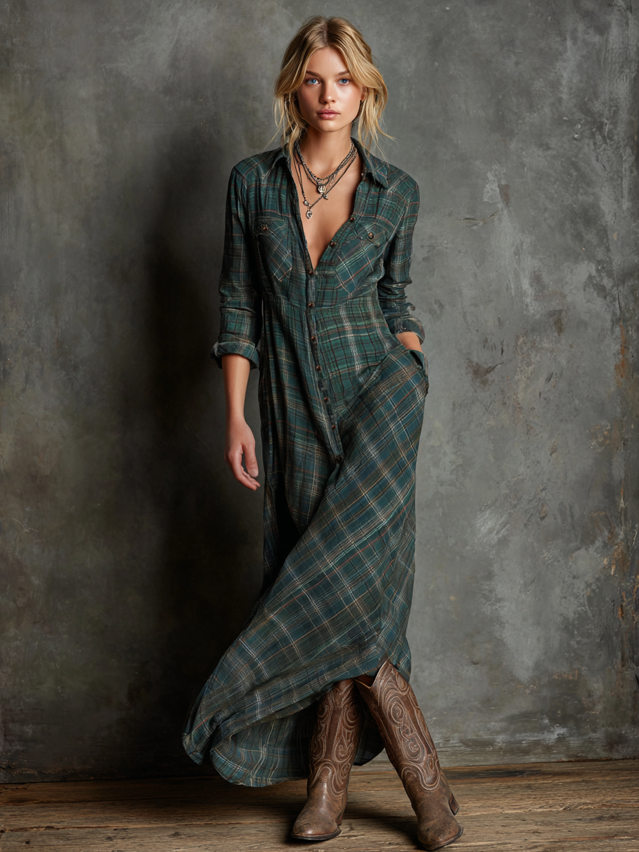 Vestido Maxi Camisero de Rayas con Cuello para Mujer