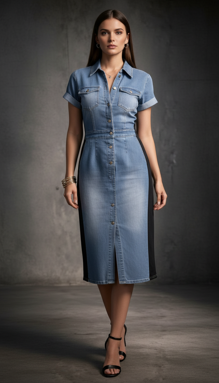 Vestido Vaquero Midi con Rayas Laterales Slim