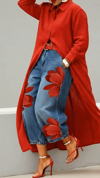 Conjunto Vestido Camisero Rojo y Jeans Anchos Florales