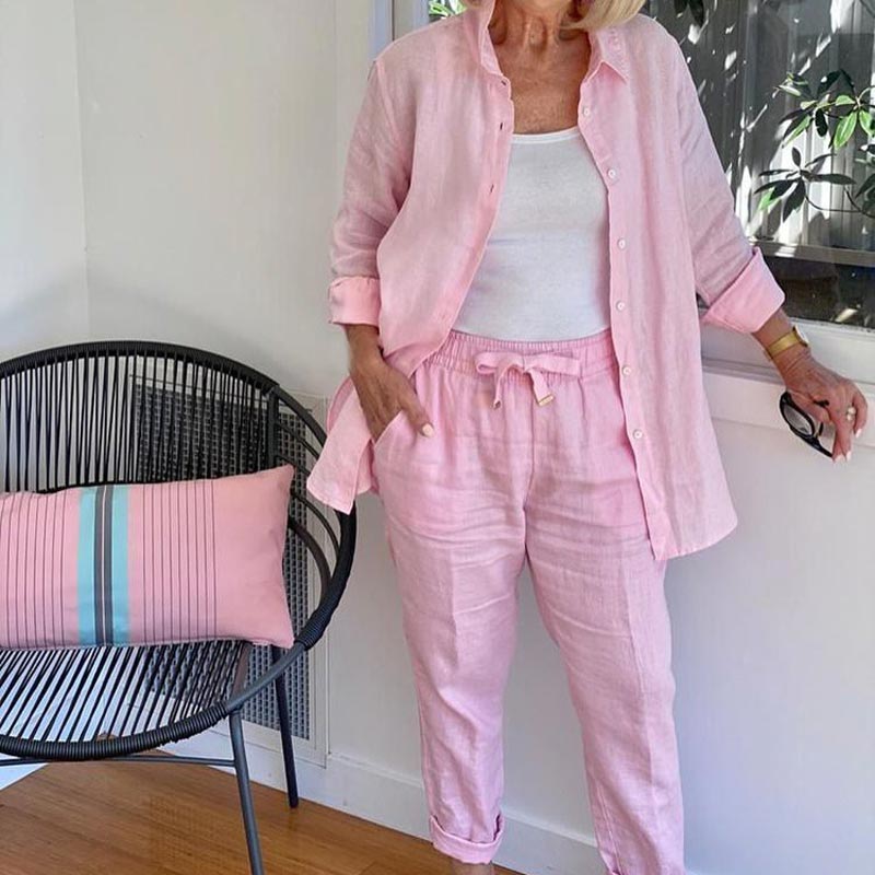 Conjunto Lounge Mujer Algodón Lino Camisa y Pantalón
