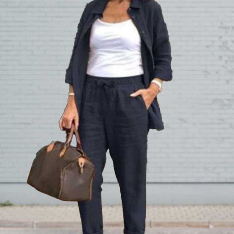 Conjunto Lounge Mujer Algodón Lino Camisa y Pantalón