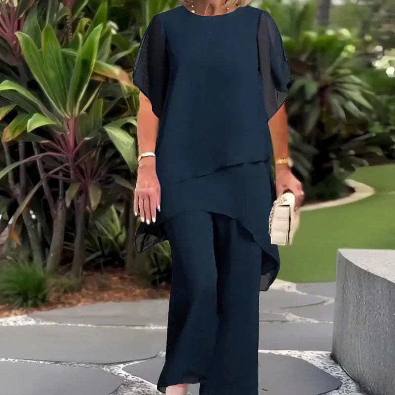 Conjunto Dama Asimétrico con Blusa Larga y Pantalón Amplio